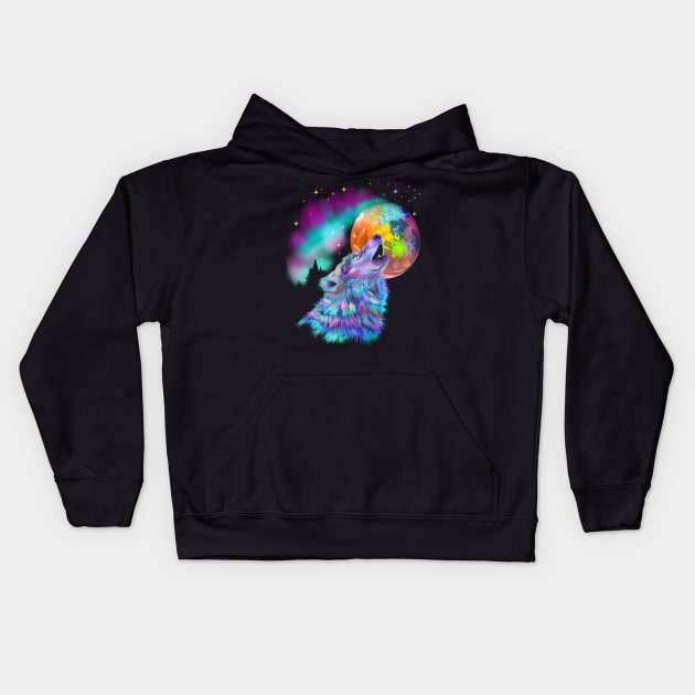 Colorful Rainbow Howling Wolf Kids Hoodie by starchildsdesigns